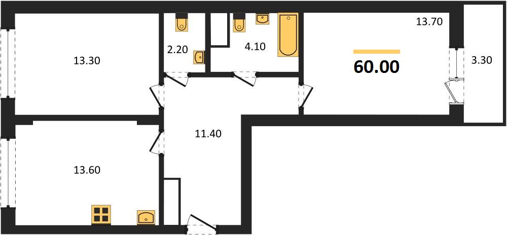 2—комн. квартира, 60 кв.м, 9/13 этаж
