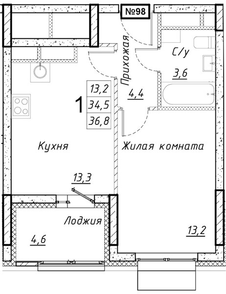 ЖК «Имбирь» · 1-комнатная квартира · 36.8 м² · 12 этаж