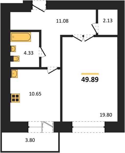 1—комн. квартира, 49.89 кв.м, 9/14 этаж