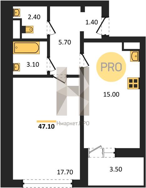 1—комн. квартира, 47.1 кв.м, 6/18 этаж