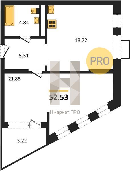 1—комн. квартира, 52.53 кв.м, 5/21 этаж