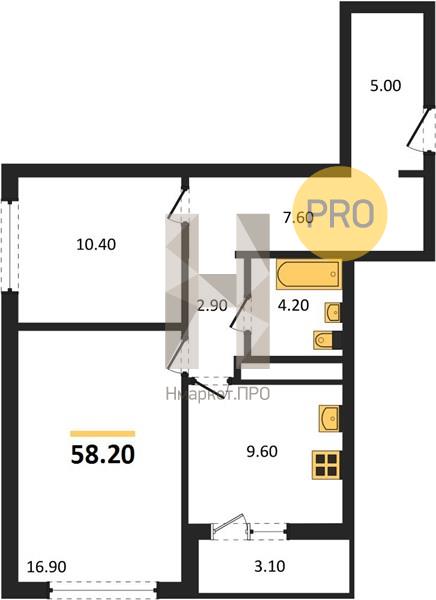 2—комн. квартира, 58.2 кв.м, 10/25 этаж