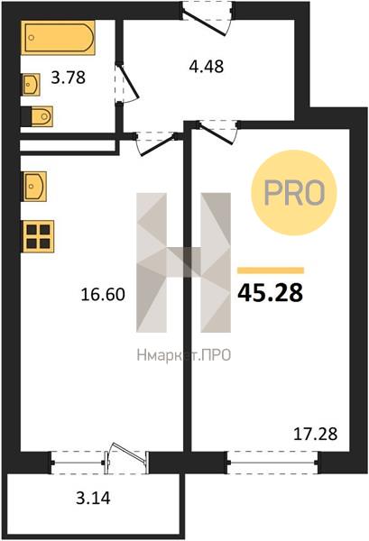 1—комн. квартира, 45.28 кв.м, 3/18 этаж