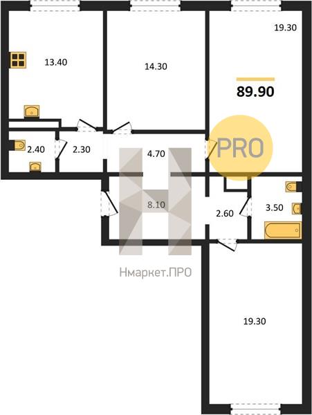 3—комн. квартира, 89.9 кв.м, 1/17 этаж
