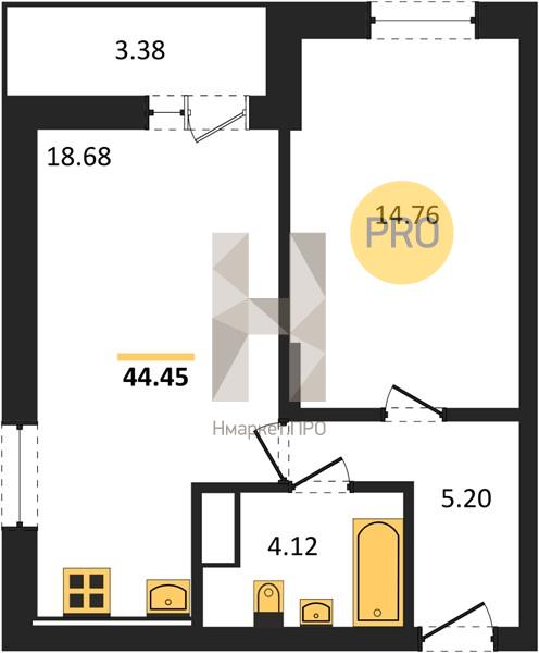 1—комн. квартира, 44.45 кв.м, 6/27 этаж