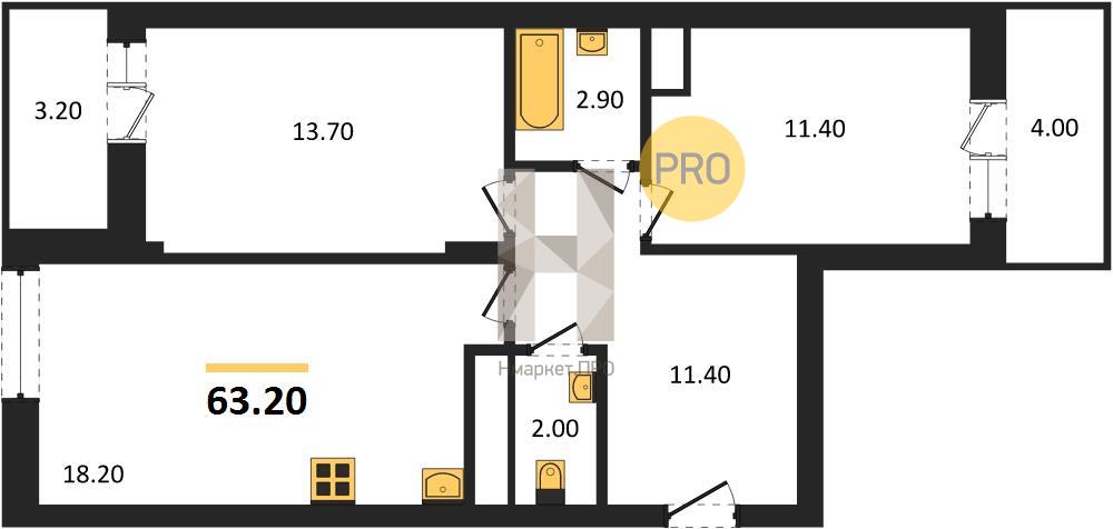 2—комн. квартира, 63.2 кв.м, 12/21 этаж