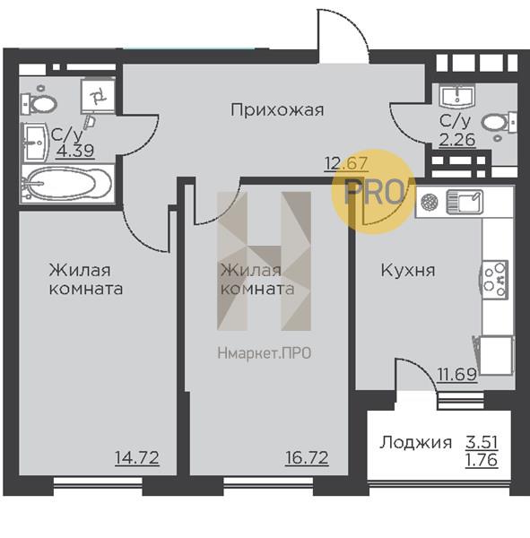 2—комн. квартира, 64.21 кв.м, 17/18 этаж