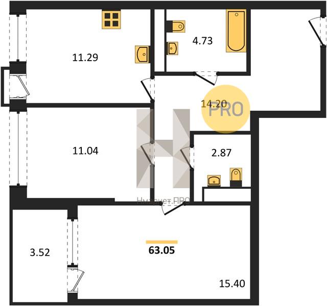 2—комн. квартира, 61.29 кв.м, 3/21 этаж
