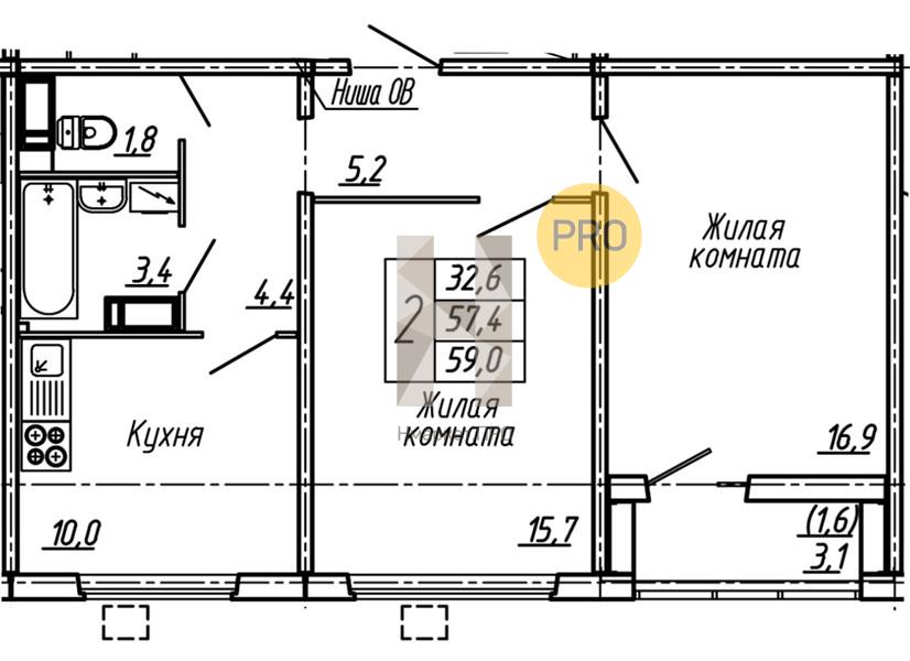 2—комн. квартира, 59 кв.м, 9/19 этаж