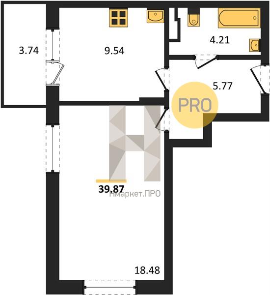 1—комн. квартира, 39.87 кв.м, 2/19 этаж