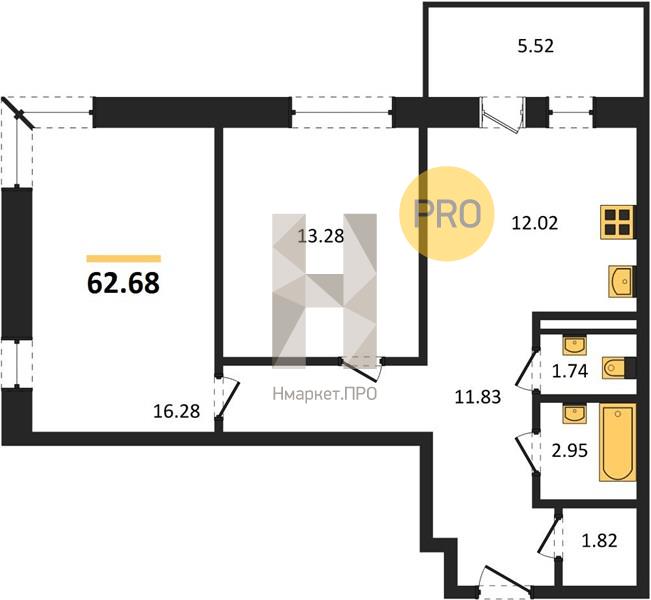 2—комн. квартира, 62.68 кв.м, 18/19 этаж