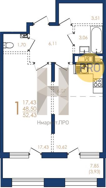 1—комн. квартира, 52.43 кв.м, 4/17 этаж
