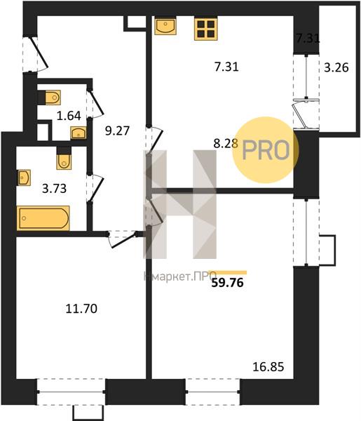 2—комн. квартира, 59.76 кв.м, 3/10 этаж
