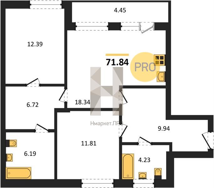 2—комн. квартира, 71.84 кв.м, 6/16 этаж