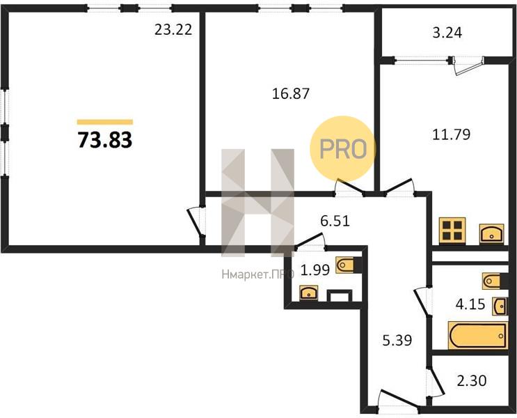 2—комн. квартира, 73.83 кв.м, 8/23 этаж