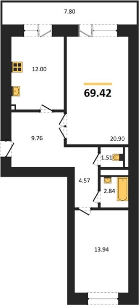 2—комн. квартира, 69.42 кв.м, 11/14 этаж