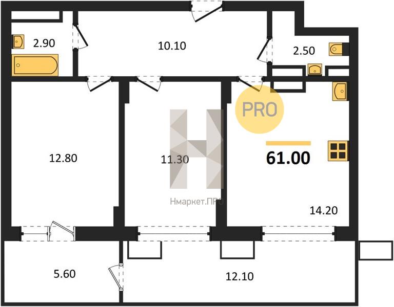 2—комн. квартира, 61 кв.м, 1/14 этаж