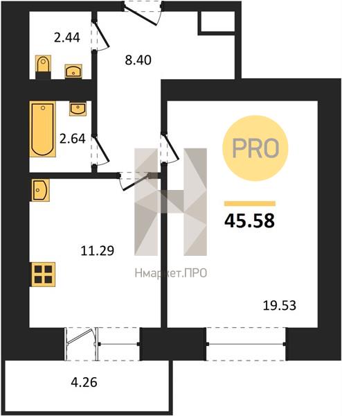 1—комн. квартира, 45.5 кв.м, 1/16 этаж
