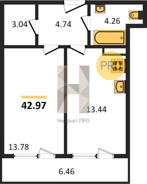 1—комн. квартира, 42.97 кв.м, 2/23 этаж