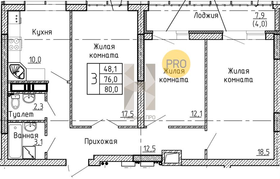 3—комн. квартира, 80 кв.м, 18/24 этаж