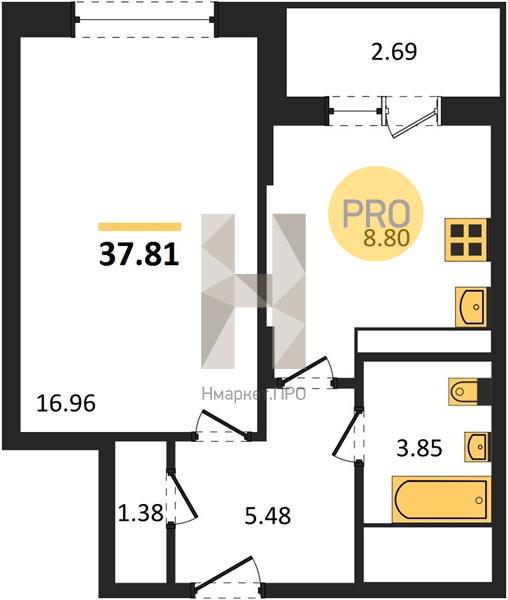 1—комн. квартира, 37.81 кв.м, 9/20 этаж