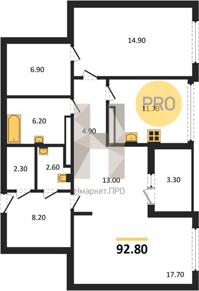 2—комн. квартира, 92.8 кв.м, 22/25 этаж