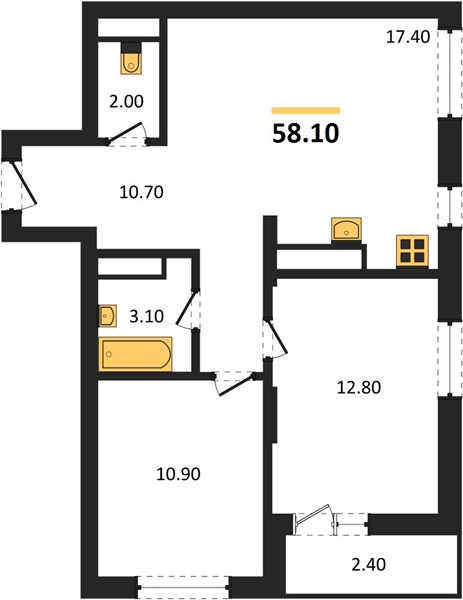 ЖК «Кузнечиха Город» · 2-комнатная квартира · 58.1 м² · 21 этаж