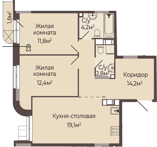 ЖК «Трио» · 2-комнатная квартира · 65 м² · 8 этаж