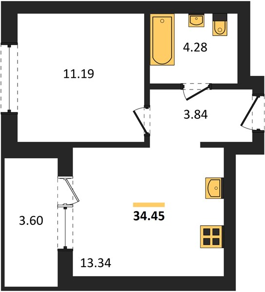 ЖК «Левобережный» · 1-комнатная квартира · 34.45 м² · 19 этаж
