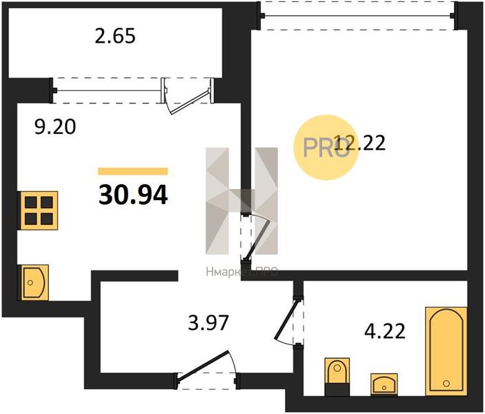 1—комн. квартира, 30.94 кв.м, 6/16 этаж
