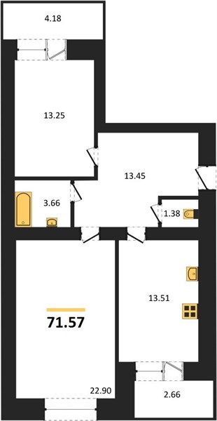 2—комн. квартира, 71.3 кв.м, 2/16 этаж