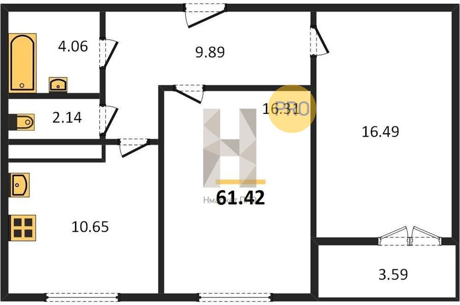 2—комн. квартира, 61.42 кв.м, 11/20 этаж