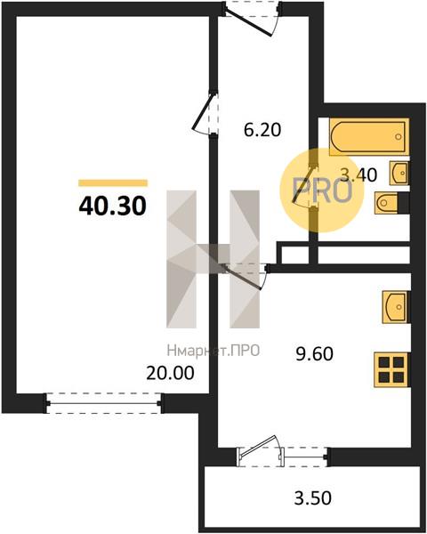 1—комн. квартира, 40.3 кв.м, 6/25 этаж