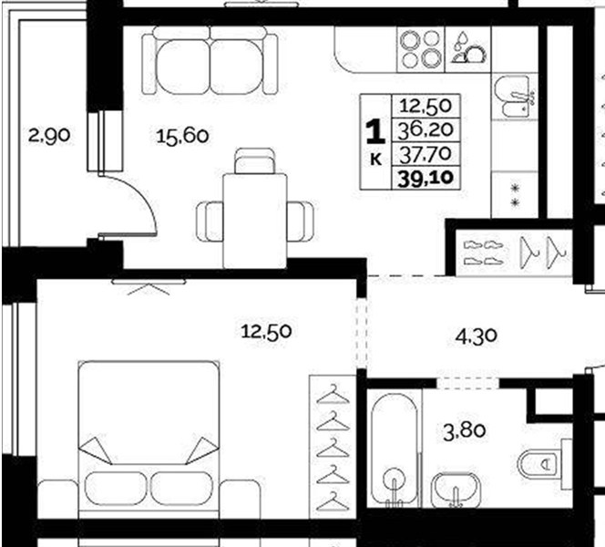 ЖК «Искра» · 1-комнатная квартира · 37.7 м² · 3 этаж
