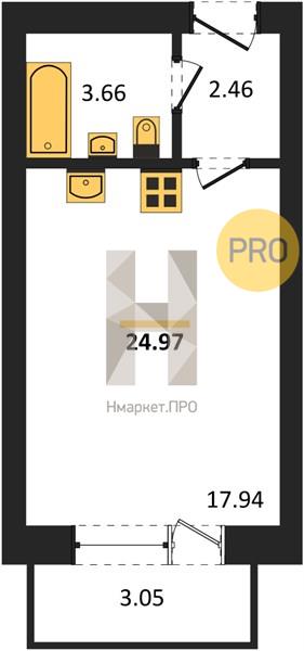 1—комн. квартира, 24.97 кв.м, 1/4 этаж