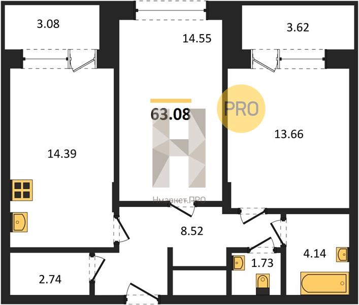 2—комн. квартира, 63.08 кв.м, 2/24 этаж