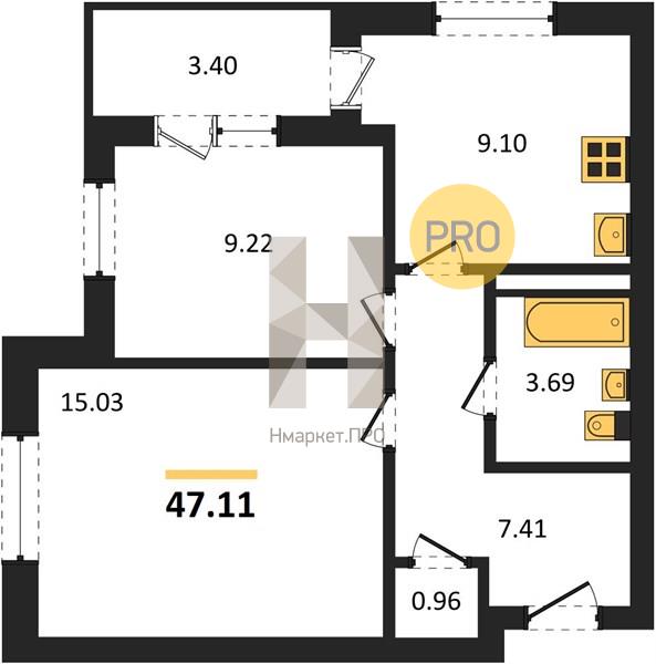 2—комн. квартира, 47.11 кв.м, 9/18 этаж
