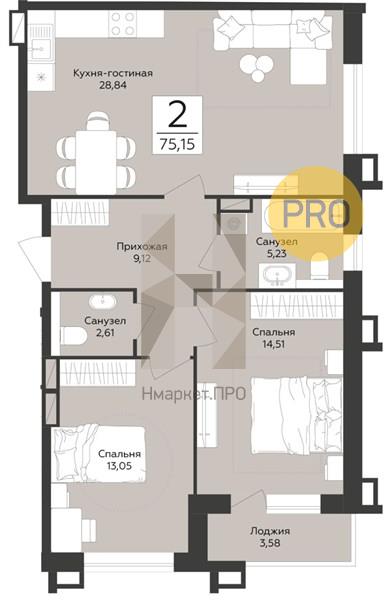 2—комн. квартира, 75.15 кв.м, 9/12 этаж
