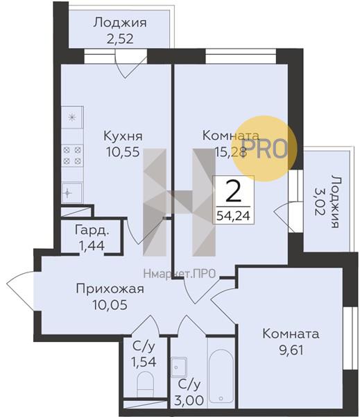 2—комн. квартира, 54.24 кв.м, 4/18 этаж
