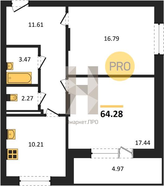 2—комн. квартира, 64.28 кв.м, 6/8 этаж