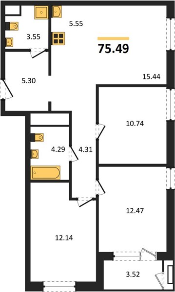 ЖК «Черниговская» · 3-комнатная квартира · 75.49 м² · 19 этаж