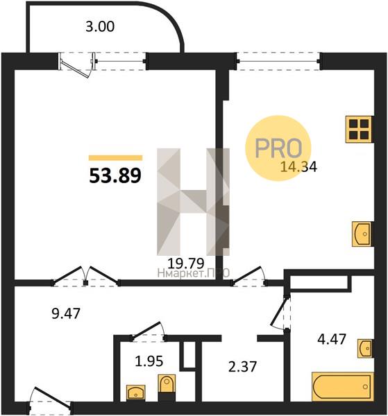 1—комн. квартира, 53.89 кв.м, 9/9 этаж
