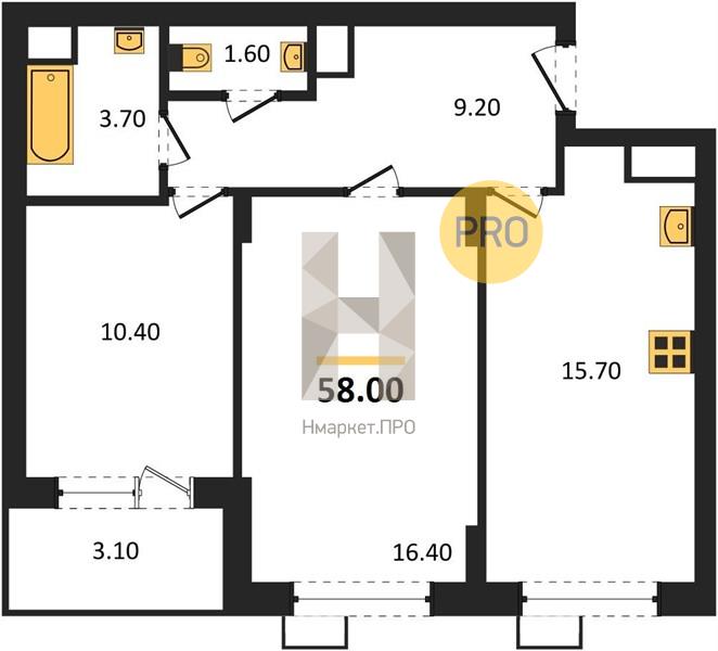 2—комн. квартира, 58 кв.м, 5/11 этаж
