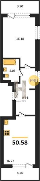 1—комн. квартира, 50.58 кв.м, 16/21 этаж