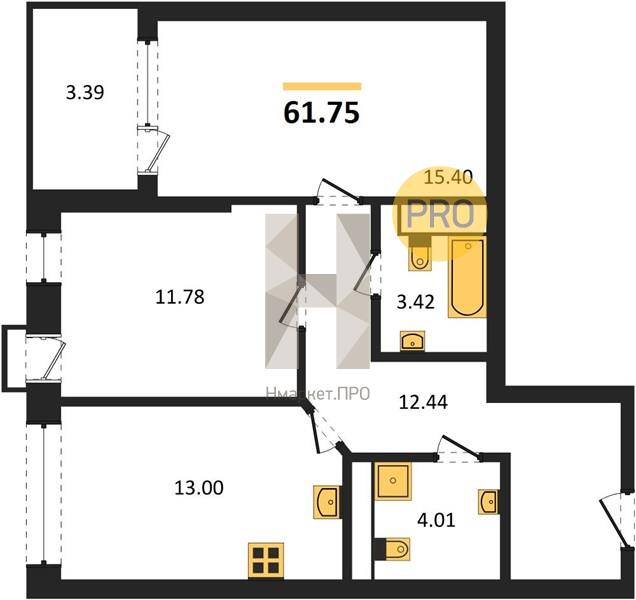 2—комн. квартира, 61.75 кв.м, 4/21 этаж
