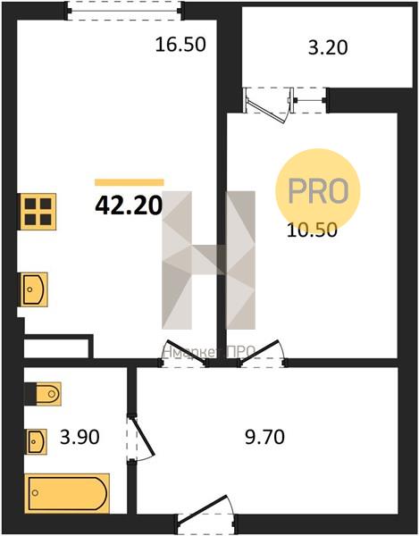 1—комн. квартира, 42.2 кв.м, 2/18 этаж