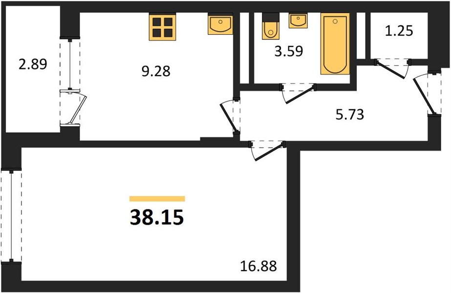 1—комн. квартира, 38.15 кв.м, 5/19 этаж