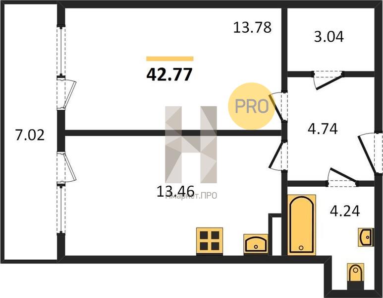 1—комн. квартира, 42.77 кв.м, 2/21 этаж