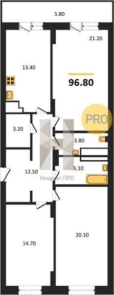 3—комн. квартира, 96.8 кв.м, 23/25 этаж