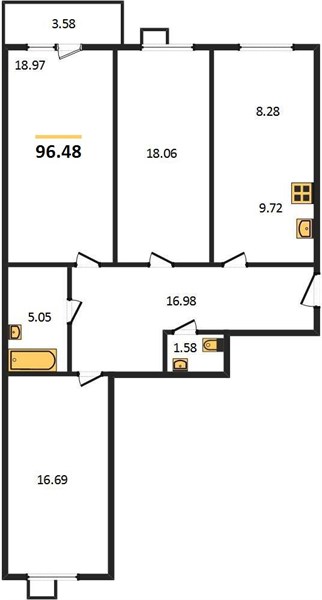 3—комн. квартира, 96.48 кв.м, 5/10 этаж
